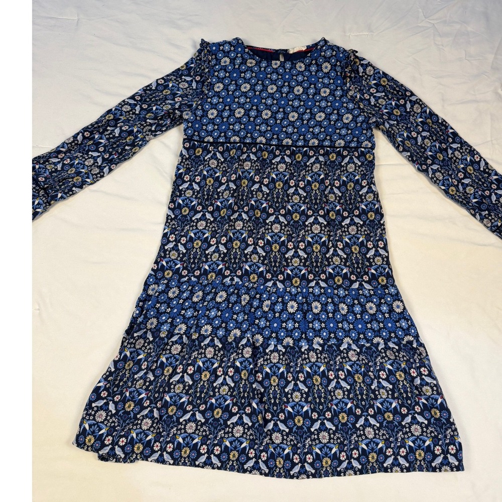 Fat Face Young Crew Blue Floral Bird Tiered Ruffle Dress Girls 12-13 Long Sleeve